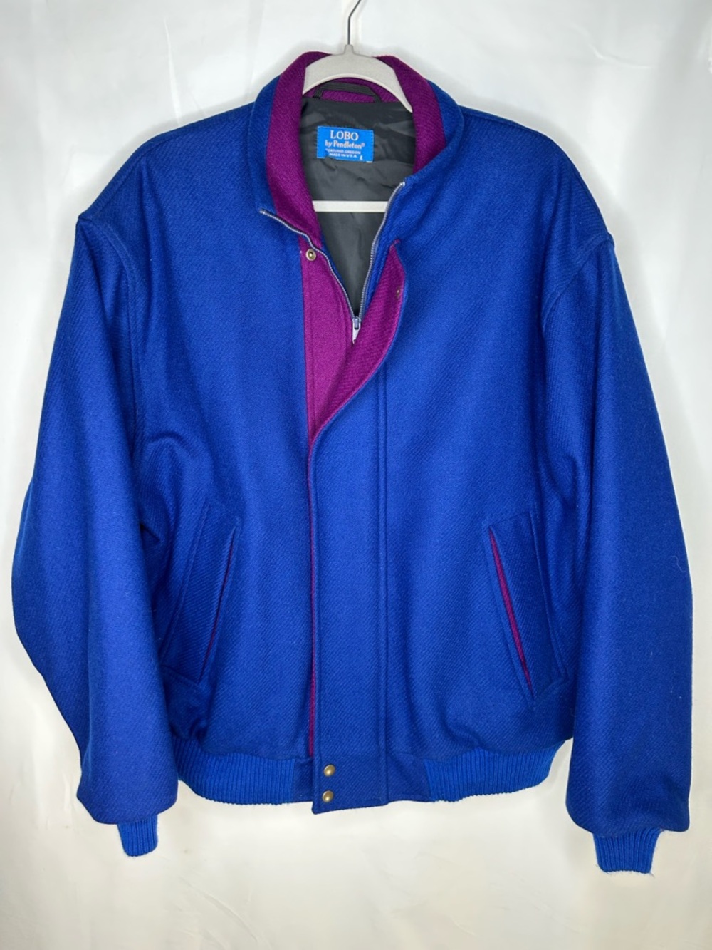 Vintage LOBO by Pendleton Blue Wool Bomber Jacket with Magenta Trim Size Large